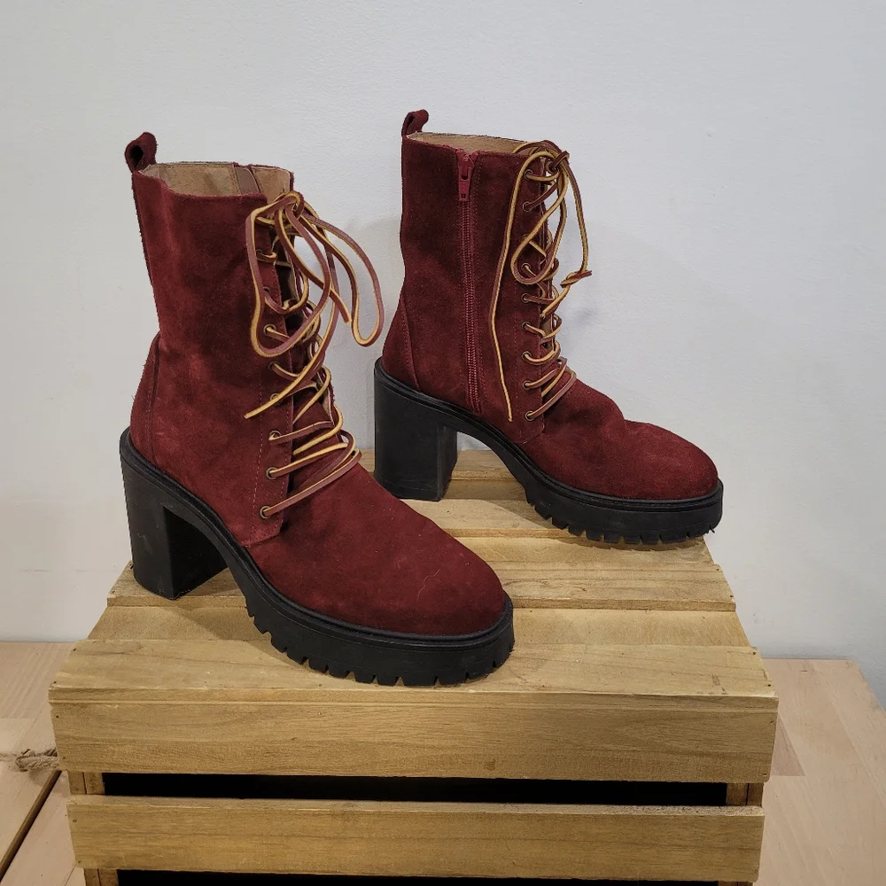 Free People Dylan Burgundy Suede Leather Lace-Up Combat Boots